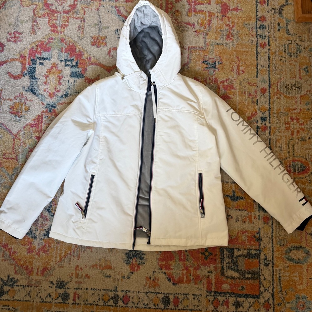 Tommy Hilfiger Womens White Softshell Hooded Jacket Faux Fur Lined Size XL